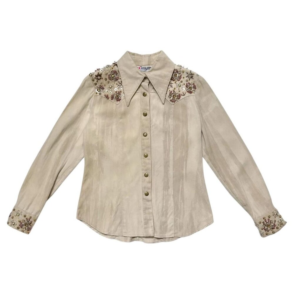 70s vintage beaded jean jacket denim shirt pointed dagger collar western boho.